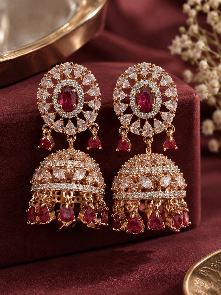 Zircon Pink Crystal Jhumkas with pink stones, clear zircon-style accents and gold-tone detailing by Ziwara House