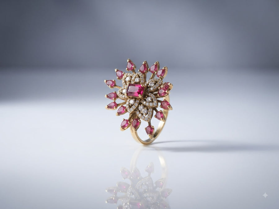 Close-up of pink floral zircon ring with sparkling stone accents by Ziwara House