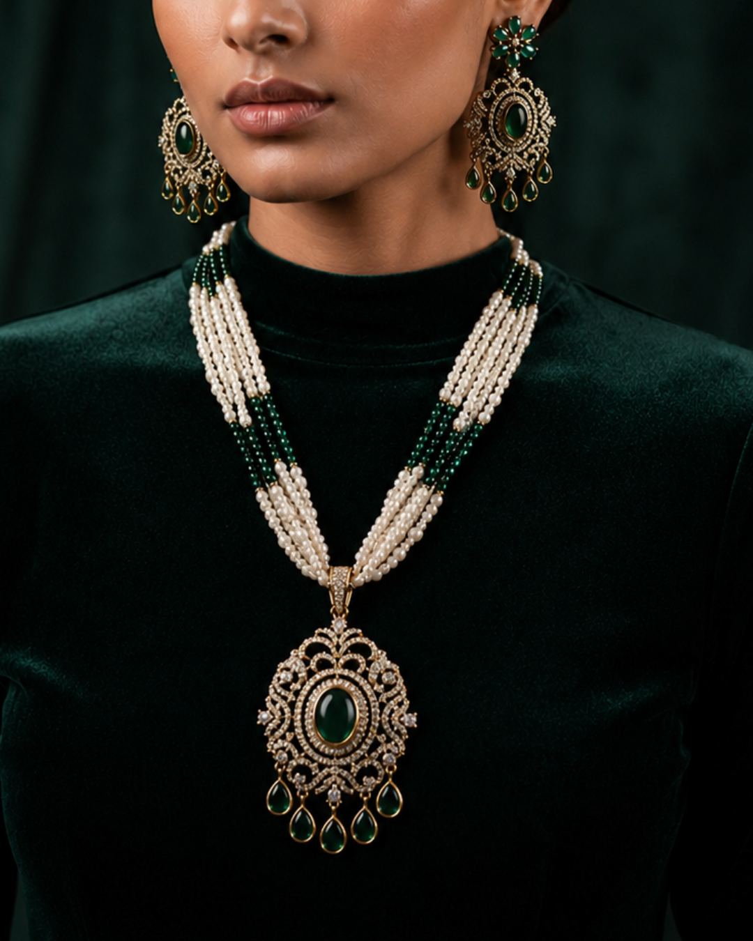 Aariz Emerald Pearl Necklace Set