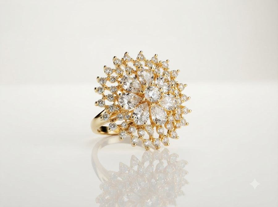 Gold zircon ring with floral design and sparkling stone detailing by Ziwara House