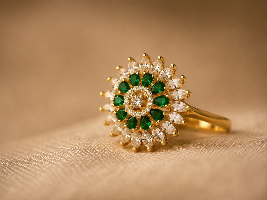 Green gold zircon ring with floral design and clear stone detailing by Ziwara House