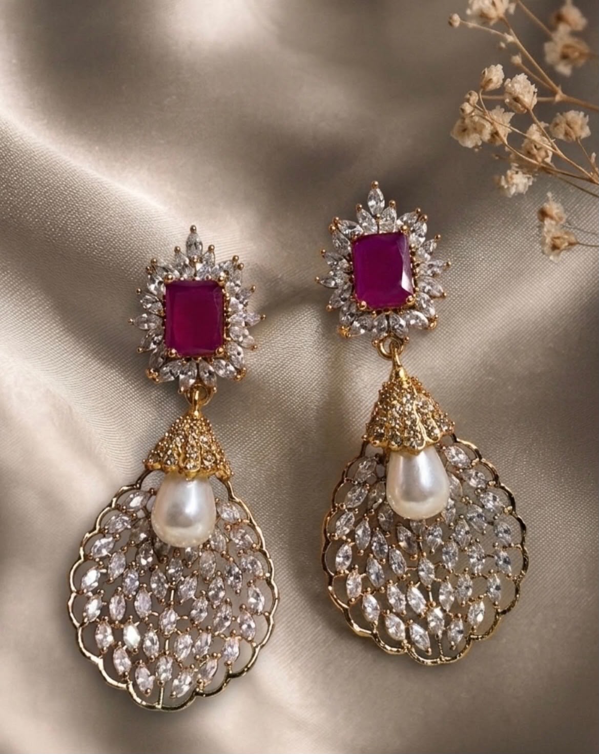 Magenta Stone Pearl Drop Earrings